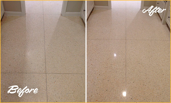 Before and After Picture of a Enon Granite Stone Floor Polished to Repair Dullness