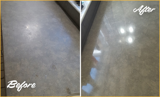 Before and After Picture of a Dull Enon Limestone Countertop Polished to Recover Its Color