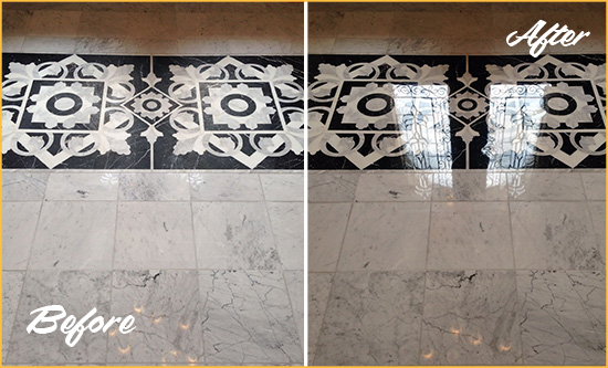 Before and After Picture of a Enon Marble Stone Floor Polished to a Mirror Shine