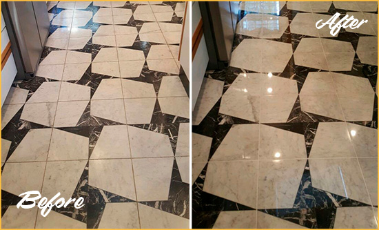 Before and After Picture of a Dull Enon Marble Stone Floor Polished To Recover Its Luster