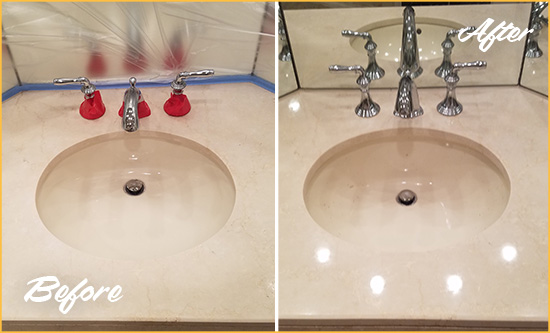 Before and After Picture of a Dull Enon Marble Stone Vanity Top Polished to Bring-Back Its Sheen