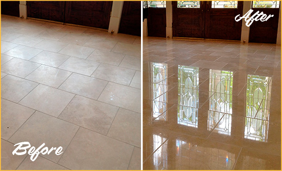 Before and After Picture of a Dull Enon Travertine Stone Floor Polished to Recover Its Gloss