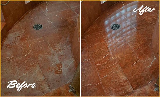Before and After Picture of a Enon Marble Stone Shower Polished to Eliminate Mineral Deposits