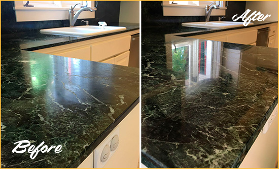 Before and After Picture of a Enon Marble Stone Counter Polished to Eliminate Water Marks