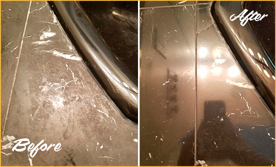 Before and After Picture of a New Carlisle Marble Countertop Cleaned to Remove Deep Dirt