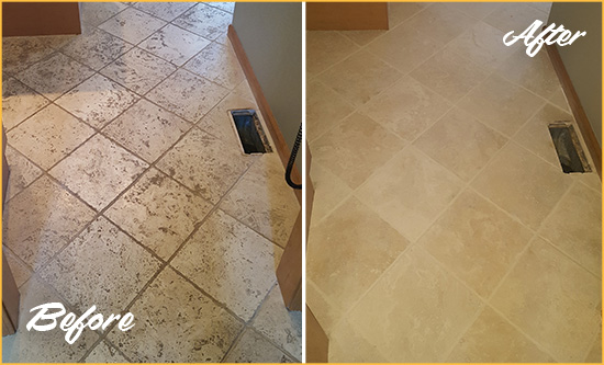 Before and After Picture of a New Carlisle Kitchen Marble Floor Cleaned to Remove Embedded Dirt