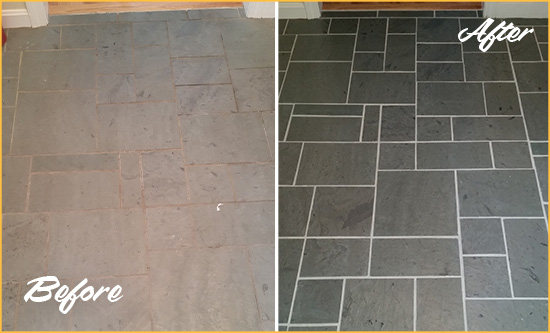 Before and After Picture of a New Carlisle Slate Floor Cleaned to Remove Deep-Seated Dirt