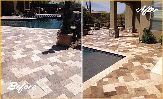 Before and After Picture of a Dull New Carlisle Travertine Pool Deck Cleaned to Recover Its Original Colors