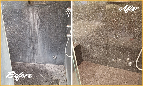 Before and After Picture of a New Carlisle Granite Shower Cleaned to Remove Mineral Deposits