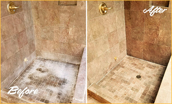 Before and After Picture of a New Carlisle Travertine Shower Cleaned to Eliminate Water Spots