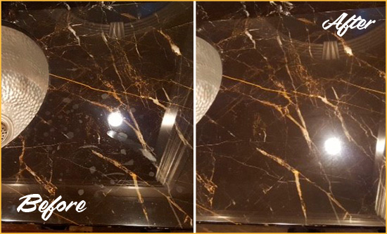 Before and After Picture of a New Carlisle Marble Countertop Cleaned to Remove Water Spots