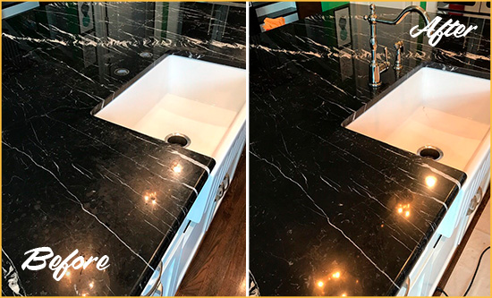 Before and After Picture of a Upper Arlington Marble Kitchen Countertop Stone Sealed to Avoid Water Damage