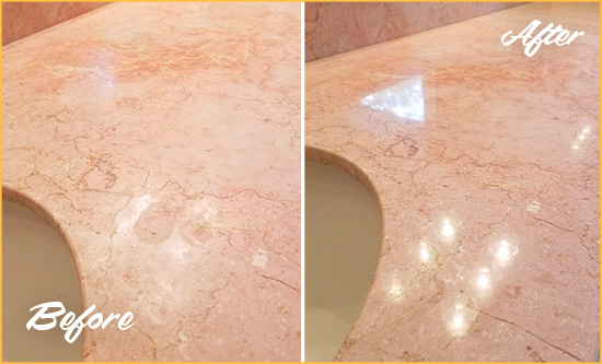 Sir Grout Seals this Springfield Marble Stone Vanity Top to to Avoid Water Marks Before and After Picture of a Springfield Marble Stone Vanity Top Sealed to Avoid Water Marks