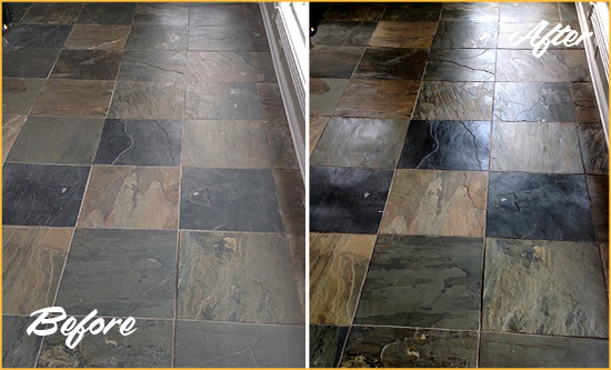 Before and After Picture of a Upper Arlington Slate Stone Floor Sealed to Eliminate Dullness