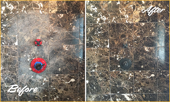 Before and After Picture of a Hilliard Marble Shower Honed to Remove Scratches