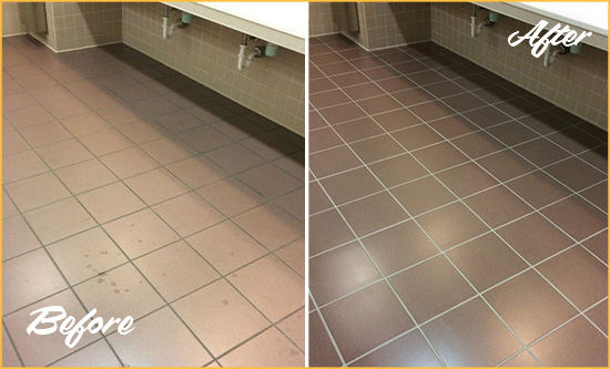Before and After Picture of Dirty Powell Office Restroom with Sealed Grout