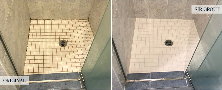 Shower Floor Before and After a Caulking Service in Springfield