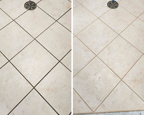 Bathroom Floor Before and After a Grout Cleaning in Springfield