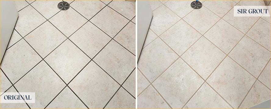 Bathroom Floor Before and After a Grout Cleaning in Springfield