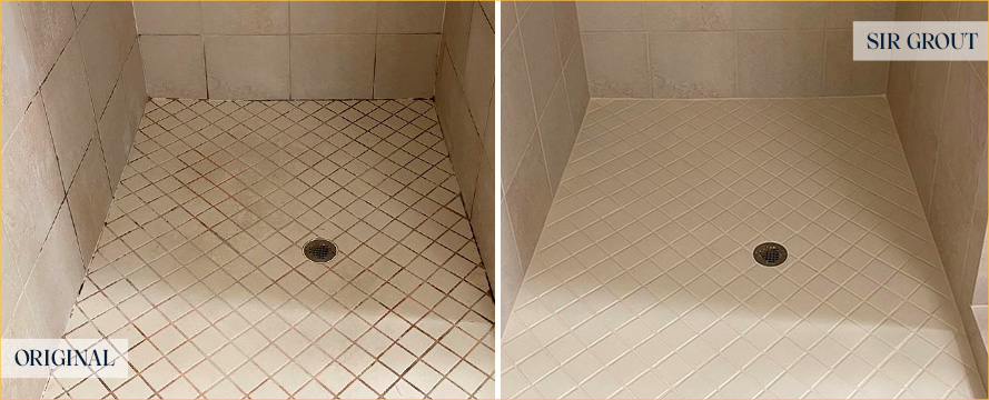 Shower Floor Before and After Our Hilliard Tile and Grout Cleaners