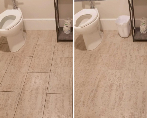 Restroom Floor Before and After a Grout Recoloring in Columbus
