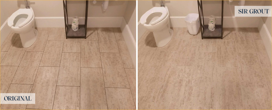 Restroom Floor Before and After a Grout Recoloring in Columbus