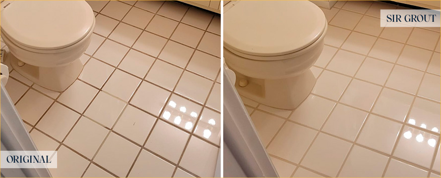 Bathroom Floor Before and After a Grout Cleaning in Yellow Springs, OH