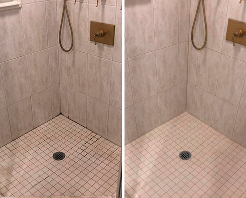 Shower Stall Before and After a Service from Our Tile and Grout Cleaners in Hilliard