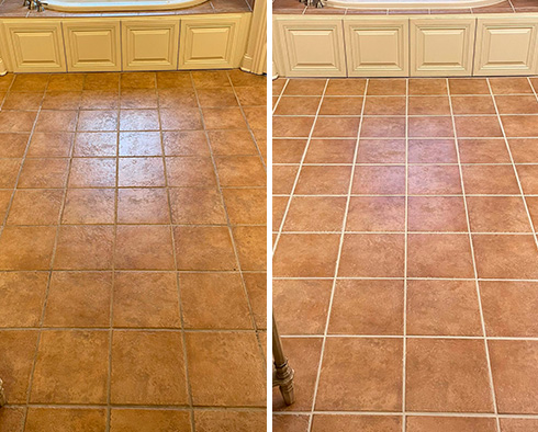 Bathroom Floor Before and After a Grout Cleaning in Springfield
