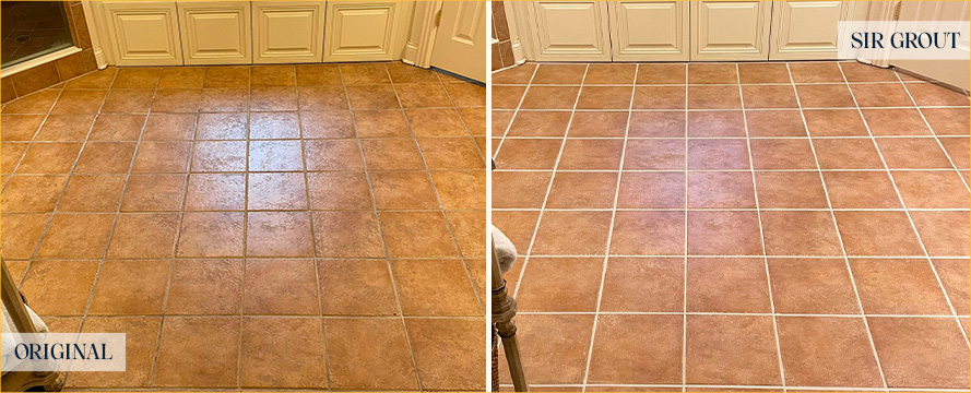 Bathroom Floor Before and After a Grout Cleaning in Springfield
