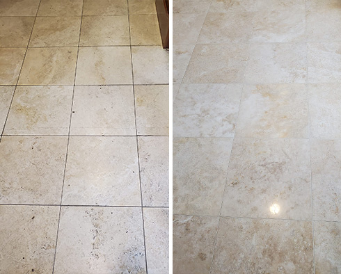 Travertine Floor Before and After Our Wilmington Grout Sealing Service