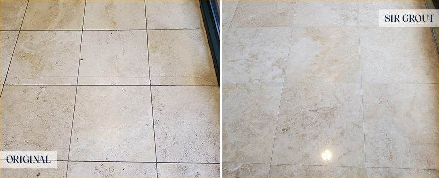 Travertine Floor Before and After Our Wilmington Grout Sealing Service